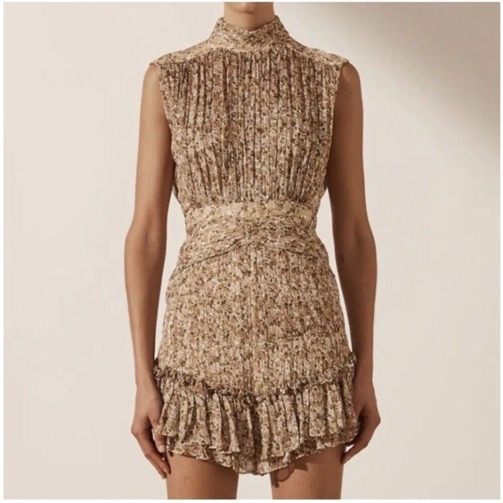 Shona Joy Ambar Mini Dress Sz 2 High Neck Ruched Crinkled Chiffon Ruffle